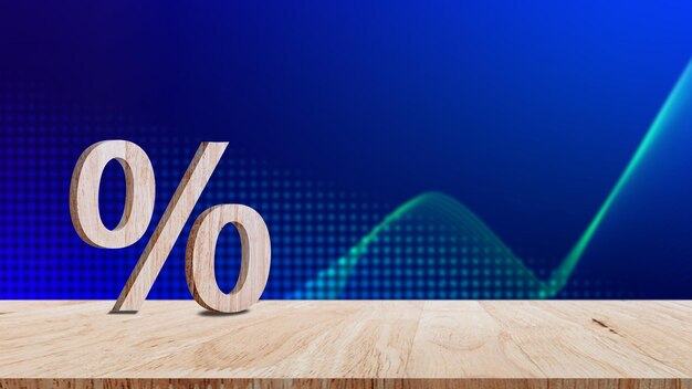 Zbliżenie znaku procentowego opartego na drewnianym stole Znak procentowy i stopa dyskontowa Księgowy Pojęcie podatku VAT