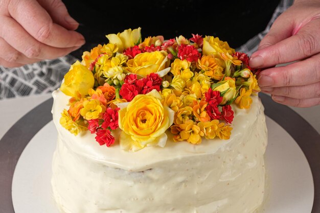 Zbliżenie żółte kwiaty dekorujące ciasto waniliowe zwieńczone białą czekoladą ganache.