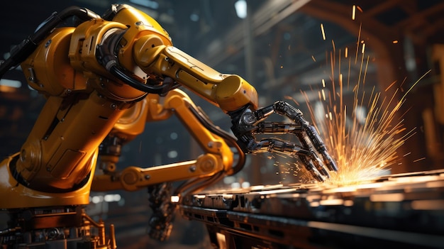 Zbliżenie żółtego ramienia robota spawalniczego części rurociągów metalowych w fabryce przemysłowej