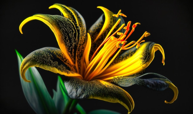 Zbliżenie żółtej lilii, jej skomplikowany pręcik i miękkie płatki wypełniające ramkę na ciemnym tle