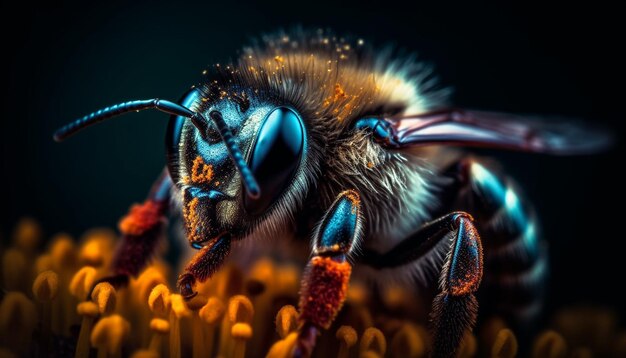 Zbliżenie żółtej pszczoły zapylającej pojedynczy kwiat wygenerowany przez sztuczną inteligencję