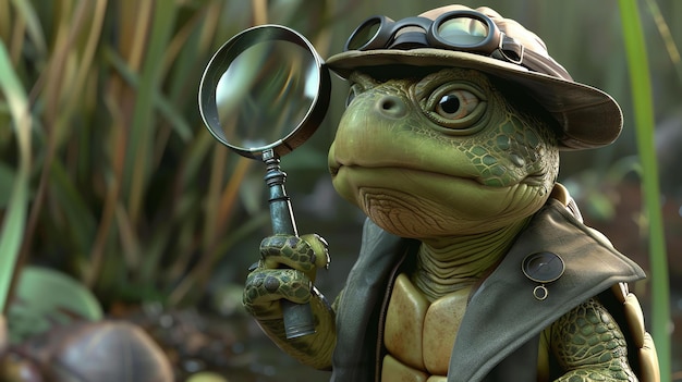 Zdjęcie zbliżenie żółwia w kapeluszu i okularach, trzymającego szkło powiększające żółw patrzy na kamerę z ciekawym wyrazem twarzy