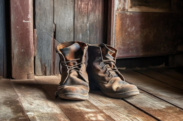 Zbliżenie zużytych skórzanych butów na rustykalnej drewnianej podłodze stworzonej za pomocą generatywnej ai