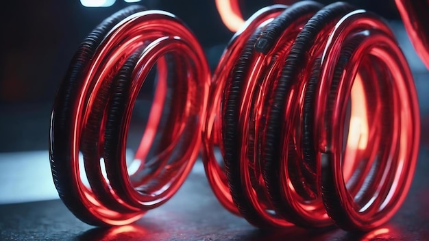 Zdjęcie zbliżenie zwiniętych metalowych pierścieni sprężynowych w stanie sprężonym w czerwonym świetle neonowym