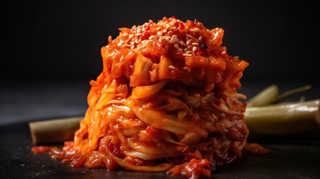 Zdjęcie zbliżenie żywego i pikantnego kawałka kimchi, wybuchu smaku.