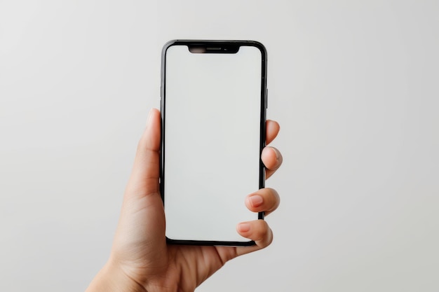Zbliżona ręka trzymająca czarny telefon komórkowy z pustym białym ekranem na białym tle