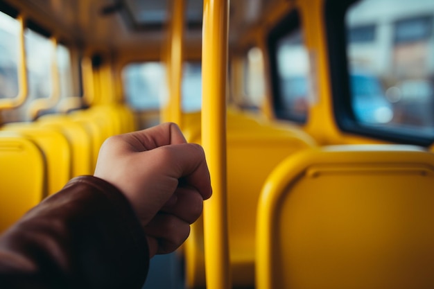 Zdjęcie zbliżona ręka trzymająca żółty uchwyt w autobusie