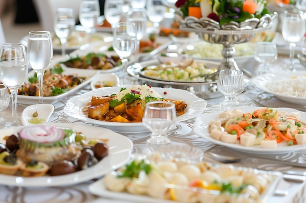 Zbliżona różnorodność stołu z arabskim jedzeniem podczas posiłku iftar w ramadanu