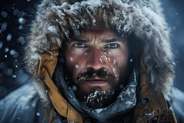 Zbliżona twarz badacza polarnego podczas burzy śnieżnej