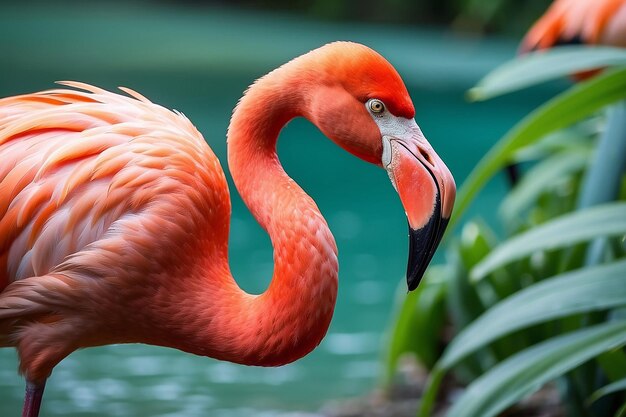 Zbliżone zdjęcie czerwonego flaminga z niewyraźnym tłem