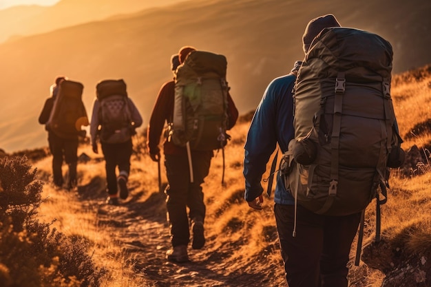 Zbliżone zdjęcie grupy turystów pieszych spacerujących wzdłuż grzbietu górskiego o zachodzie słońca Generative AI