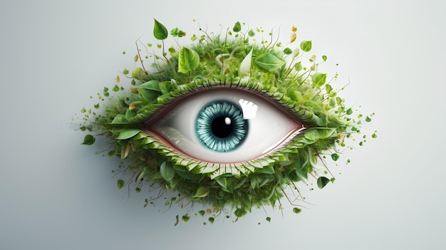 Zbliżone zdjęcie ludzkiego oka przedstawione artystycznie i otoczone bujnie zielonymi elementami przyrody