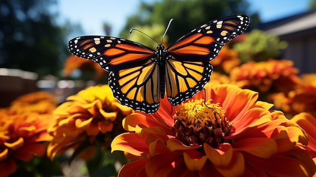 Zdjęcie zbliżone zdjęcie motyla monarchy pozował na żółtych kwiatach ogrodowych wygenerowanych przez ai
