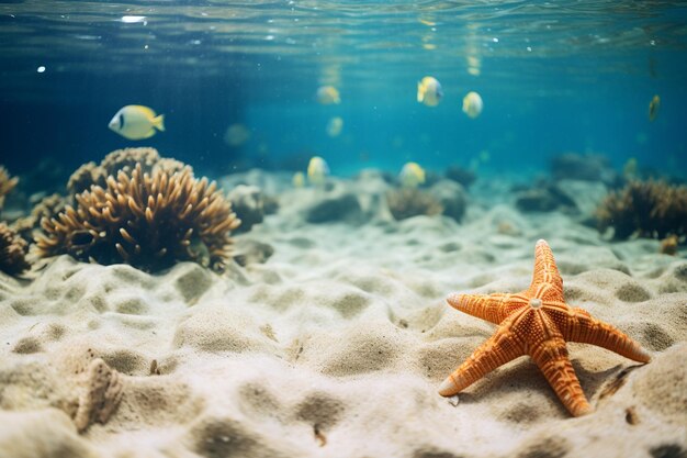 Zdjęcie zbliżone zdjęcie piaszczystego dna morza z maleńkimi krabami pustelnikami czołgającymi się po powierzchni