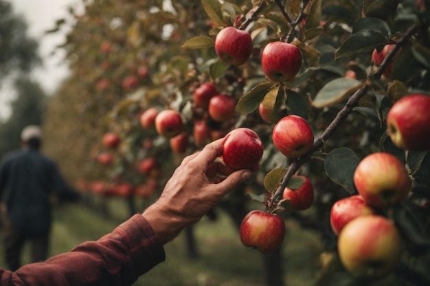 Zbliżone zdjęcie ręk rolnika delikatnie zbierających dojrzałe czerwone jabłka z bujnego zielonego drzewa