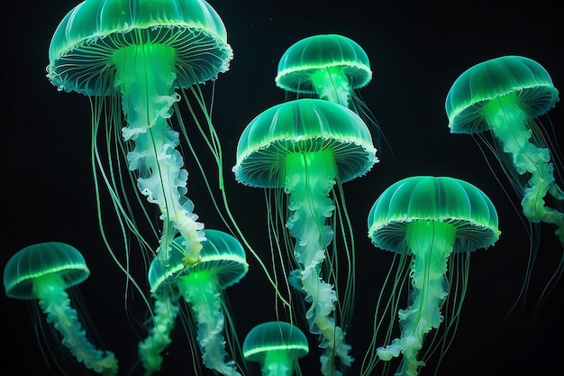 Zbliżone zdjęcie zielonych świecących fluorescencyjnych meduz w ciemnej wodzie w ciasnej grupie