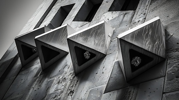 Zbliżony czarno-biały obraz kamiennego budynku z trzema nowoczesnymi dekoracjami metalowymi i Generatywna sztuczna inteligencja