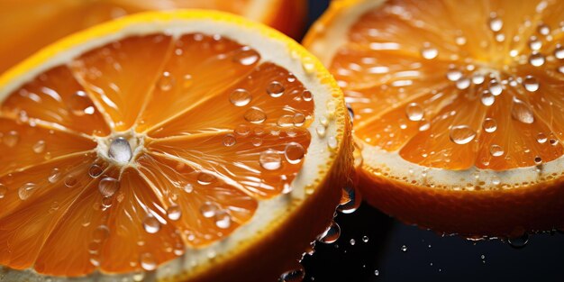 Zdjęcie zbliżony kawałek dojrzałej pomarańczy z kropelami wody zdjęcie na plakat lub pocztówkę generatywna sztuczna inteligencja