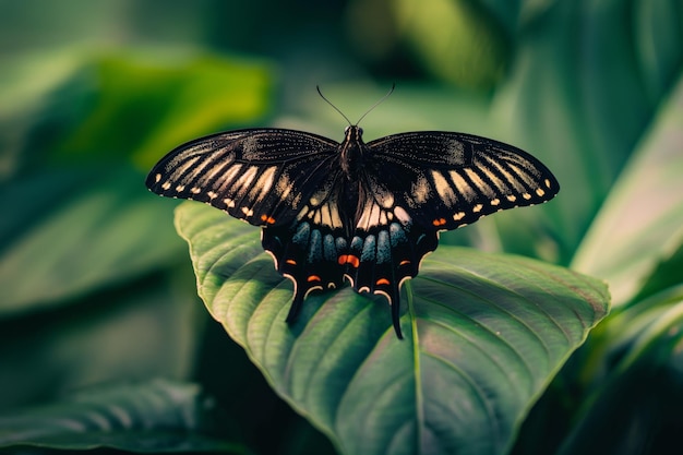 Zbliżony makro zdjęcie pięknego motyla swallowtail siedzącego spokojnie na zielonym liście