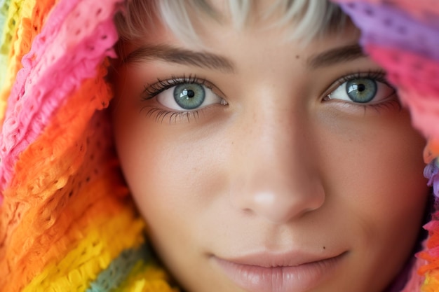Zbliżony makro zdjęcie twarzy kobiety z kolorowym makijażem tęczy