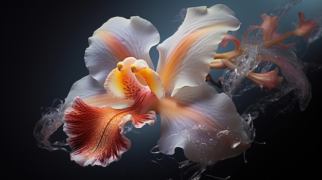 Zbliżony montaż zdjęć świeżo kwitnących orchidei z kropelami wody