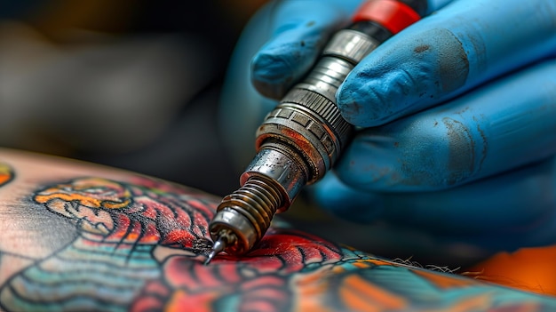 Zdjęcie zbliżony obraz artysty tatuażu tworzącego projekt na ręce kobiety z maszyną do tatuażu
