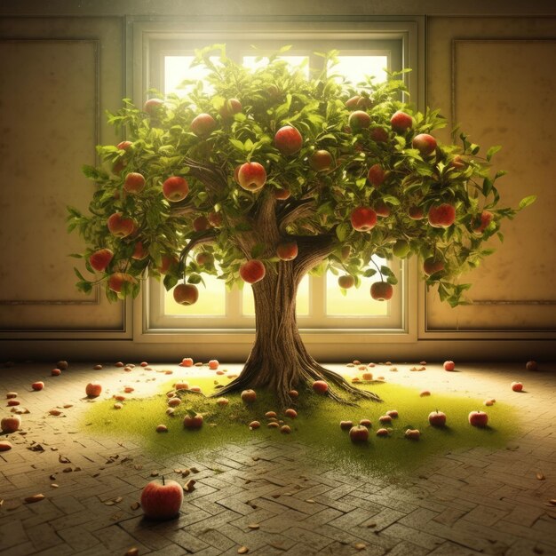 Zbliżony obraz drzewa z dojrzałymi jabłkami