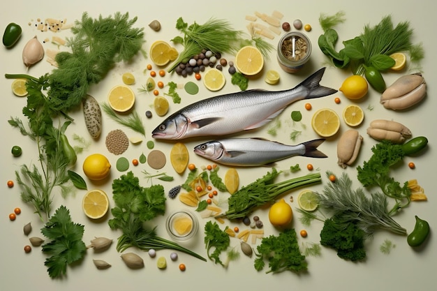 Zdjęcie zbliżony obraz dwóch ryb ułożonych z innymi świeżymi warzywami i owocami na kuchennym stole