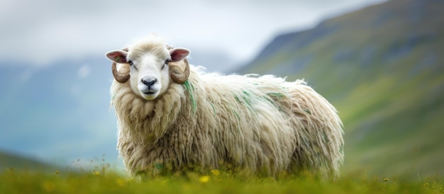 Zbliżony obraz islandzkich owiec na zielonym, jednolitym tle w Islandii latem