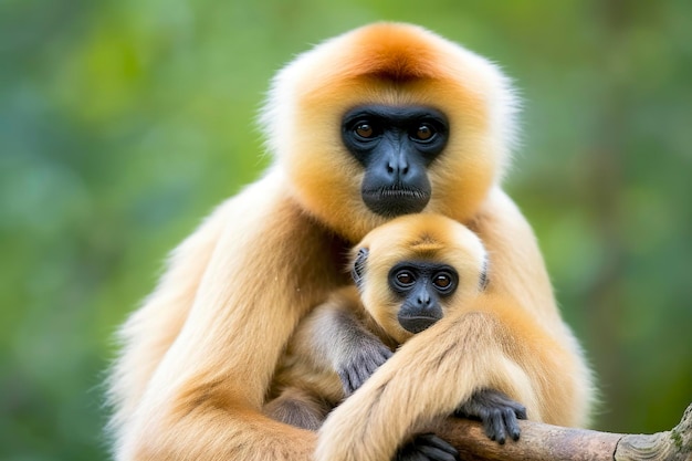 Zbliżony obraz małpy Cheeked Gibbon z dzieckiem w lesie Generatywna sztuczna inteligencja