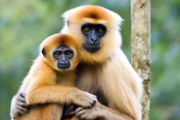 Zbliżony obraz małpy Cheeked Gibbon z dzieckiem w lesie Generatywna sztuczna inteligencja