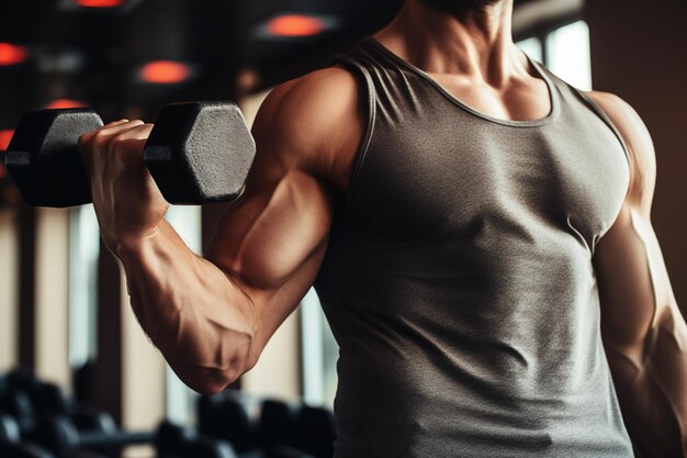 Zbliżony obraz muskularnego mężczyzny wykonującego ciężkie ćwiczenia podnoszenia ciężarów skup się na silnych bicepsach ramienia i sportowej klatce piersiowej sportowca Generatywna sztuczna inteligencja