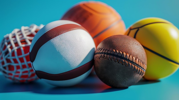Zbliżony obraz różnych piłek sportowych, w tym koszykówki, piłki piłkarskiej, piłki nożnej i siatkówki