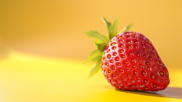 Zbliżony obraz świeżej dojrzałej truskawki na żółtym tle truskawka jest czerwona i soczyste z zielonymi liśćmi