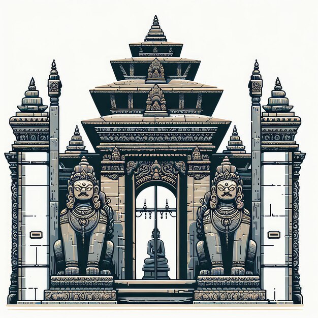 Zbliżony obraz zniszczonej kamiennej bramy wejściowej do nepalskiej świątyni ozdobionej skomplikowanymi