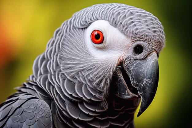 Zbliżony portret afrykańskiej szarej papugi z uderzającym srebrno-szarym piórem, jasnymi oczami i wzorem