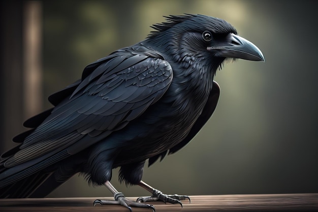 Zbliżony portret czarnego kruka Corvus corax ai generative