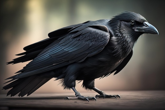 Zbliżony portret czarnego kruka Corvus corax ai generative