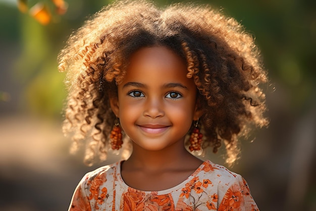 Zbliżony portret kręconej afrykańskiej dziewczynki z uśmiechniętym wyrazem twarzy AI Generative