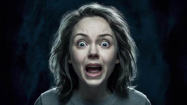 Zbliżony portret młodej szalonej, przerażonej i zszokowanej białej kobiety izolowanej na ciemnym tle