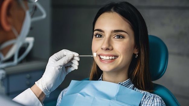Zbliżony portret młodych kobiet w krześle dentystycznym sprawdź i wybierz kolor zębów