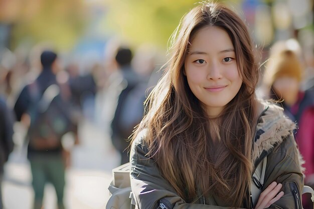Zbliżony portret pewnej siebie koreańskiej studentki patrzącej na kamerę z zadowolonym uśmiechem