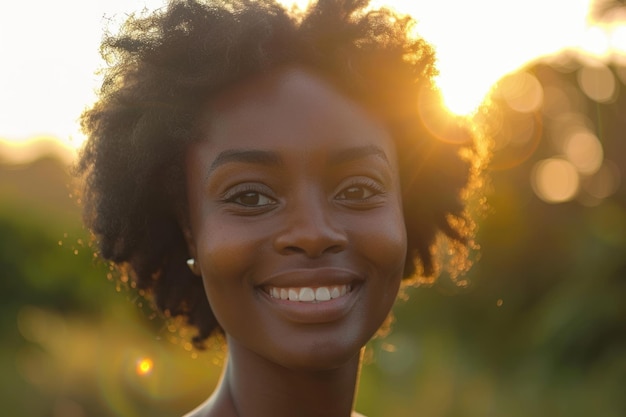 Zbliżony portret pięknej afroamerykańskiej kobiety uśmiechającej się do zachodu słońca