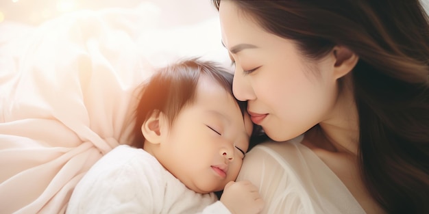 Zbliżony portret pięknej młodej azjatyckiej białej dziewczyny z Dnia Matki całującej zdrowe nowo narodzone dziecko