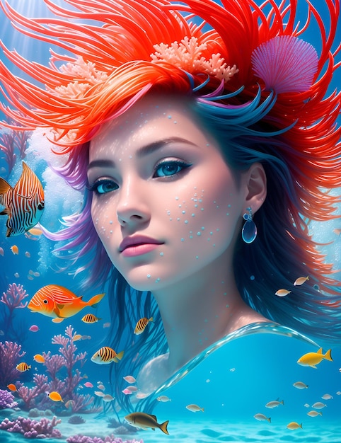 Zbliżony portret pięknej syreny pod wodą pływającej z rybami