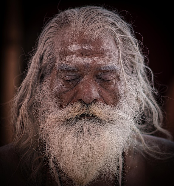 Zbliżony portret świętego starca w Indiach