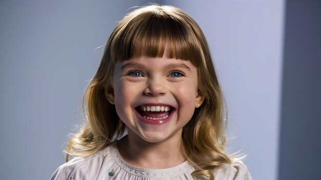 Zbliżony portret szczęśliwej dziewczynki z uroczym uśmiechem pozującej w studiu
