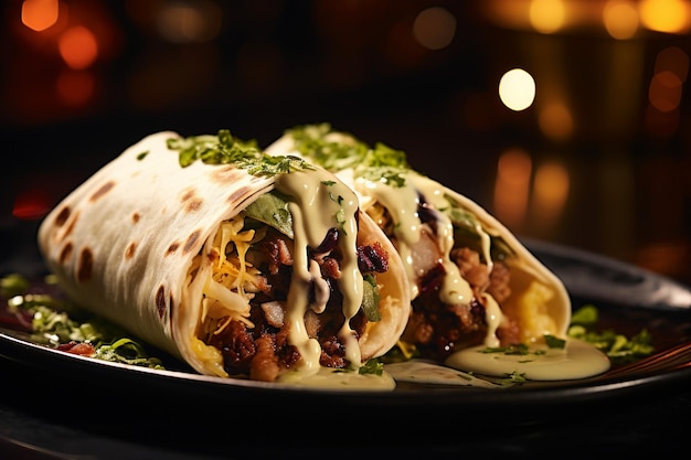 Zdjęcie zbliżony ujęcie burrito serwowane na modnym talerzu z łupków