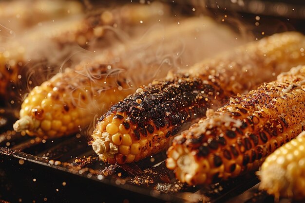 Zbliżony ujęcie kukurydzy na grillu pokazujące ślady węgla i pary