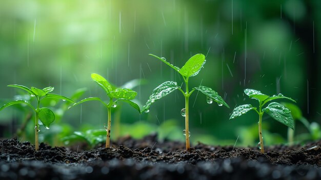 Zbliżony ujęcie małych roślin mokrzejących się w deszczu z pustą przestrzenią wśród natury Generatywna sztuczna inteligencja